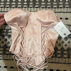 Satin Lace-Up Strapless Corset Crop Top in Blush Pink